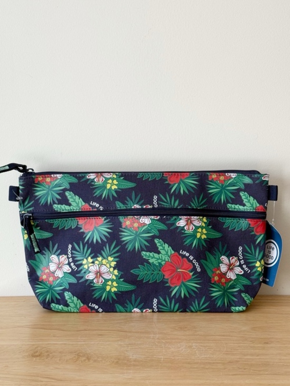 Life Is Good Blue Tropical Floral Hibiscus Pattern Carry All Travel Canvas Pouch